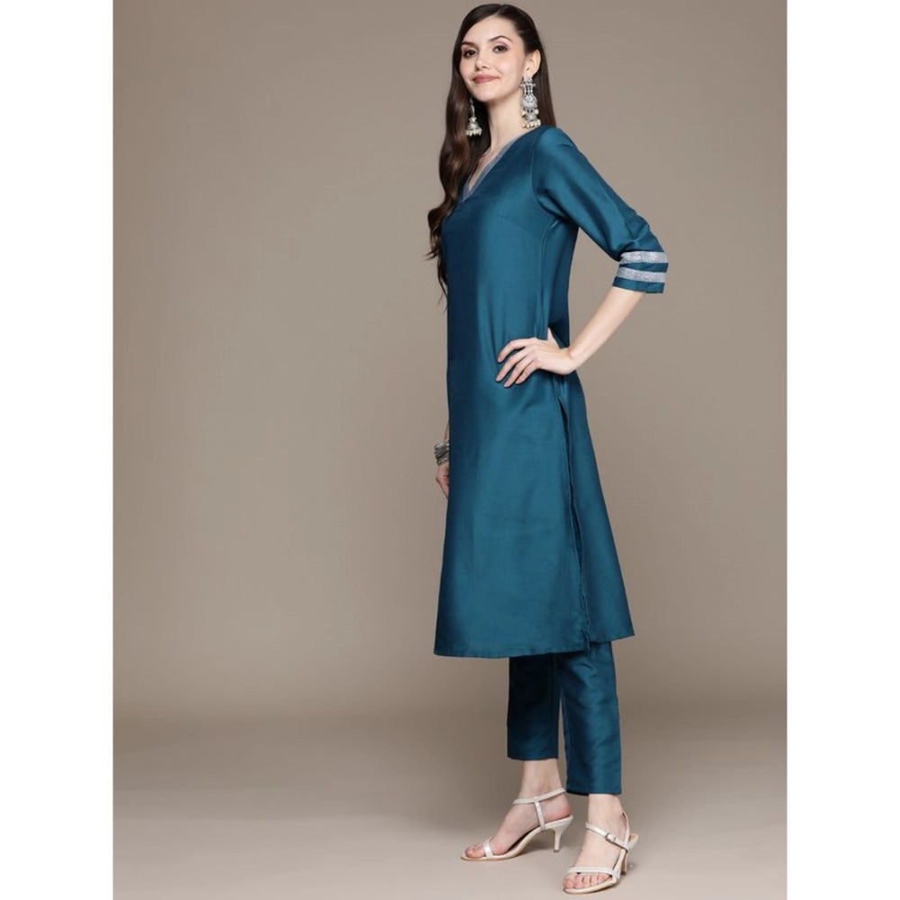 Generic Women's Casual 3-4Th Sleeve Mughal Stripe Design Chinon Kurti Pant And Dupatta Set (Teal Blue) - Noble Nook