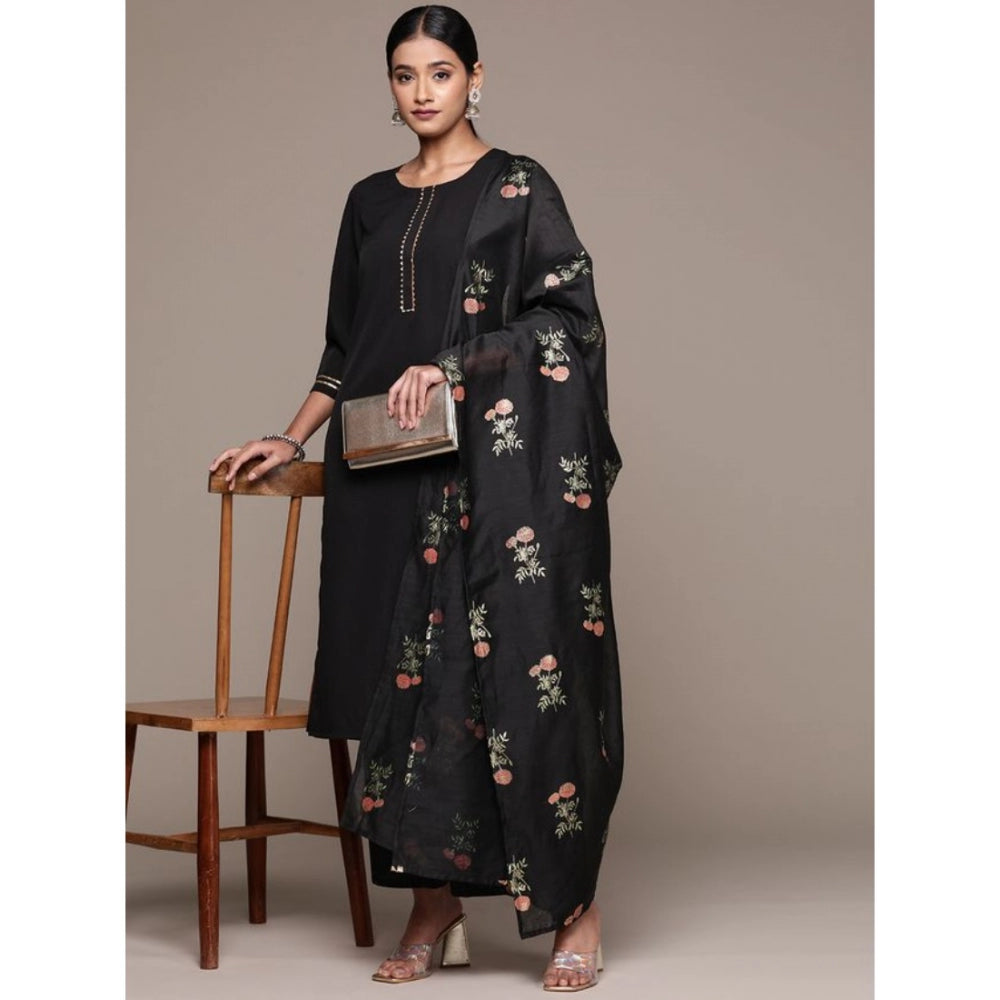 Generic Women's Casual 3-4Th Sleeve Ethnic Motifs Crepe Kurti Palazzo And Dupatta Set (Black) - Noble Nook