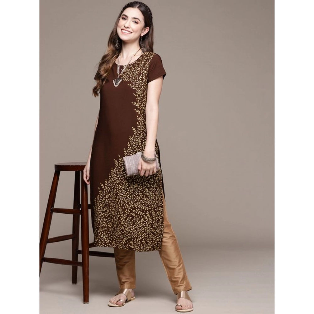 Generic Women's Casual Short Sleeves Floral Printed Crepe Kurti (Brown) - Noble Nook