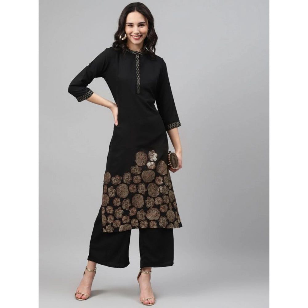 Generic Women's Casual 3-4Th Sleeve Ethnic Motifs Crepe Kurti And Palazzo Set (Black) - Noble Nook