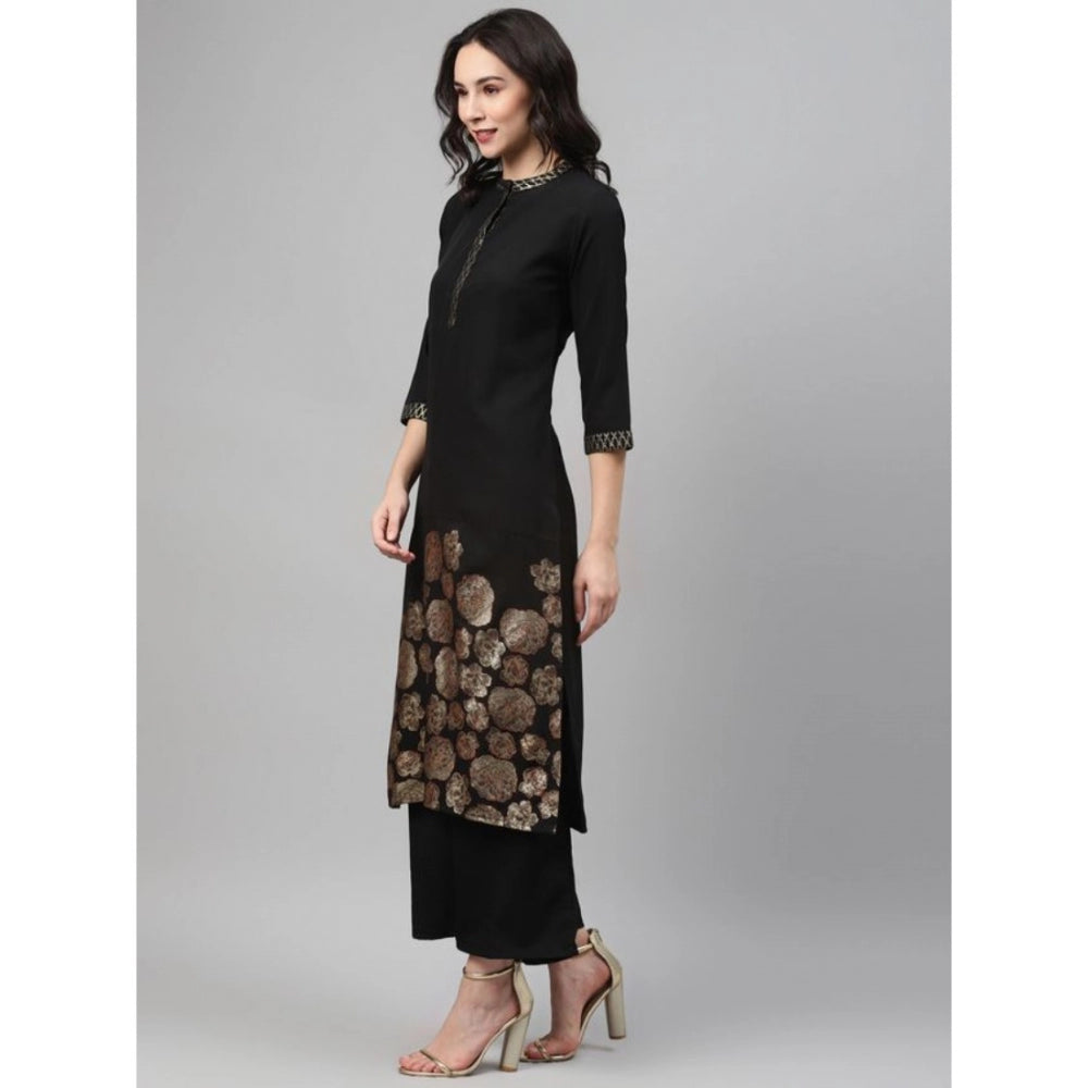 Generic Women's Casual 3-4Th Sleeve Ethnic Motifs Crepe Kurti And Palazzo Set (Black) - Noble Nook