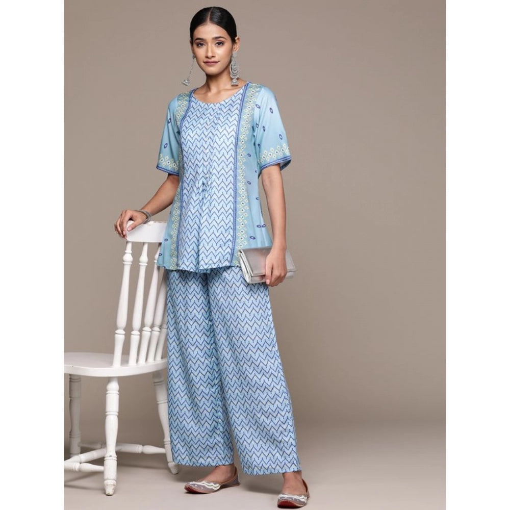 Generic Women's Casual Half Sleeve Geometric Rayon Kurti And Palazzo Set (Sky Blue) - Noble Nook