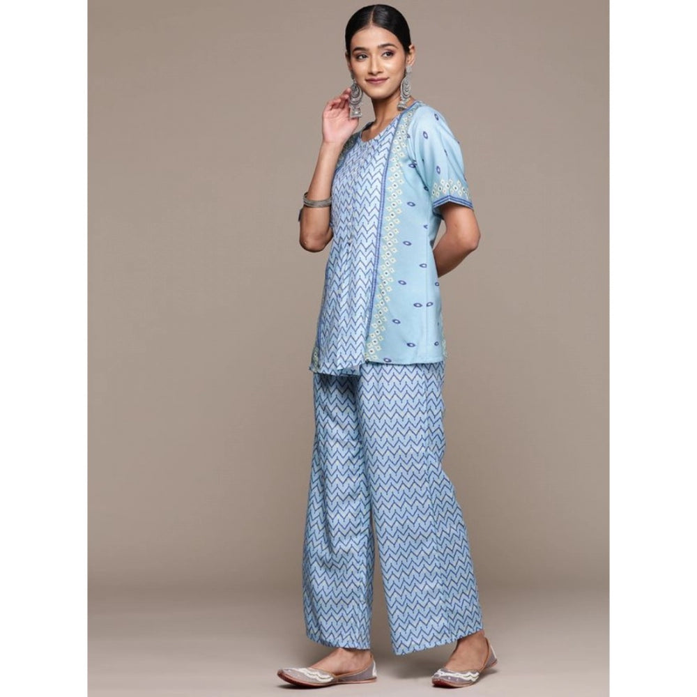 Generic Women's Casual Half Sleeve Geometric Rayon Kurti And Palazzo Set (Sky Blue) - Noble Nook