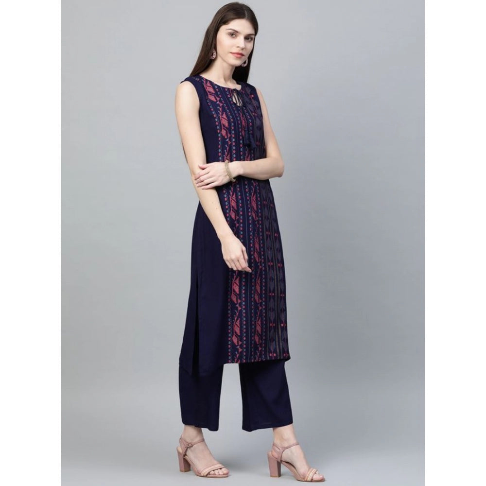 Generic Women's Casual Sleeveless Ikkat Rayon Kurti and Palazzo Set (Navy Blue) - Noble Nook