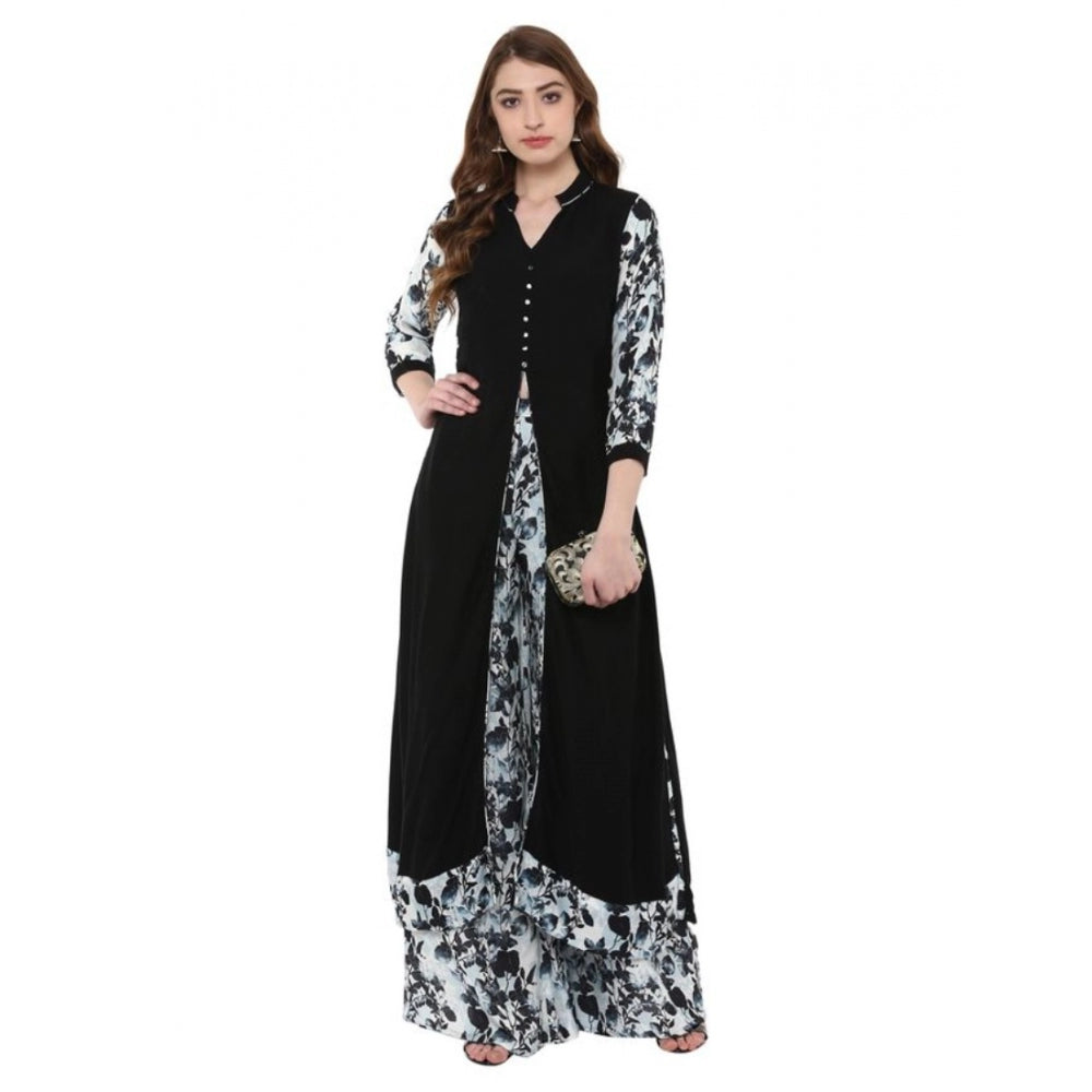 Generic Women's Casual 3-4Th Sleeve Floral Printed Rayon Kurti and Palazzo Set (Black) - Noble Nook