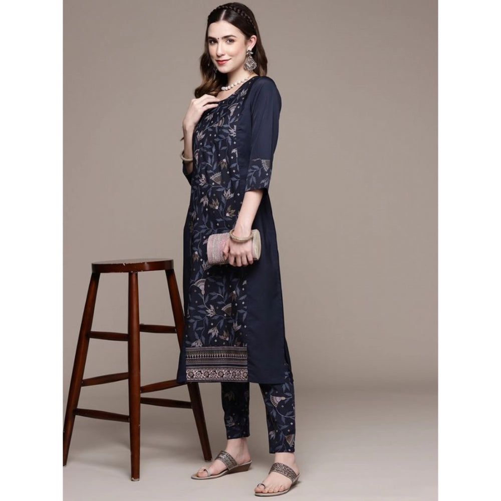 Generic Women's Casual 3-4Th Sleeve Floral Printed Crepe Kurti and Pant Set (Navy Blue) - Noble Nook