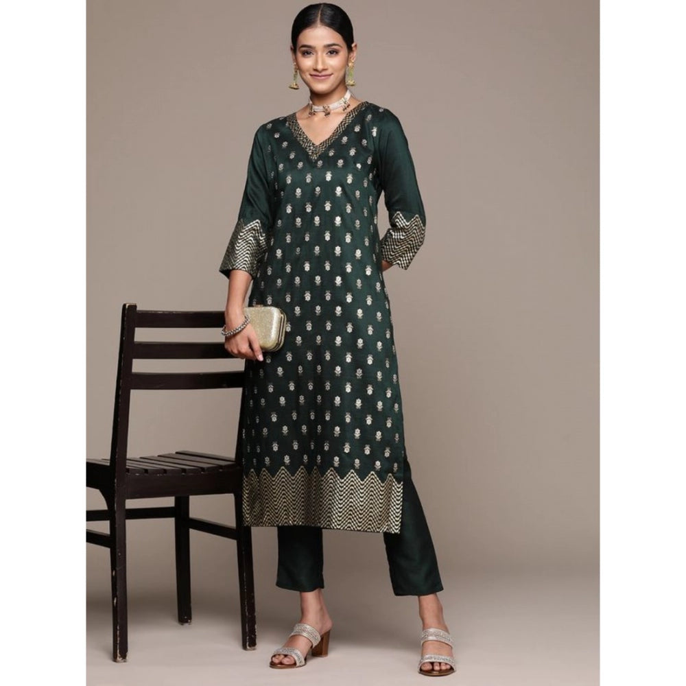 Generic Women's Casual 3-4Th Sleeve Floral Printed Chinon Kurti And Pant Set (Bottle Green) - Noble Nook