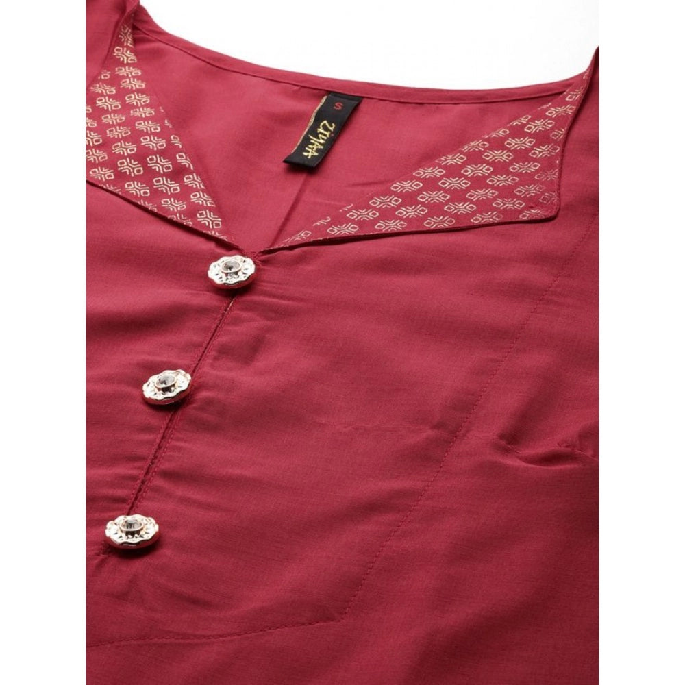 Generic Women's Casual Half Sleeve Solid Chinon Kurti and Pant Set (Maroon) - Noble Nook