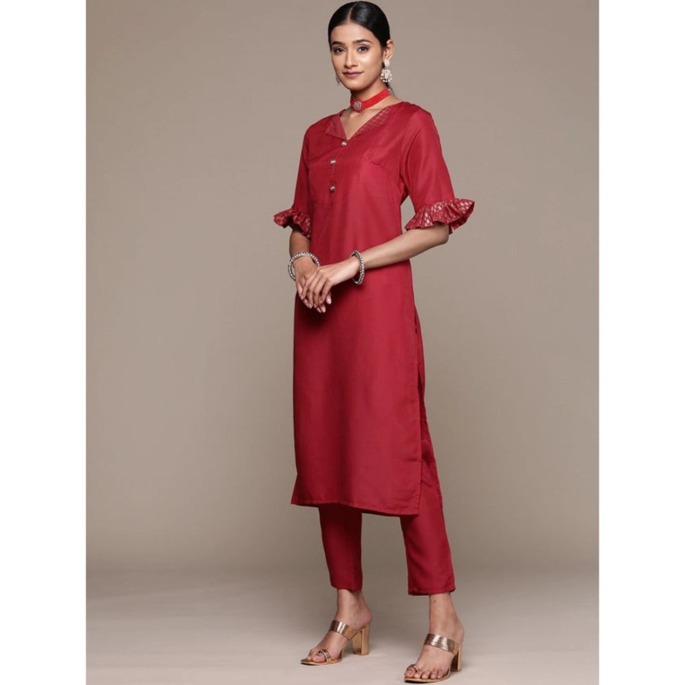 Generic Women's Casual Half Sleeve Solid Chinon Kurti and Pant Set (Maroon) - Noble Nook