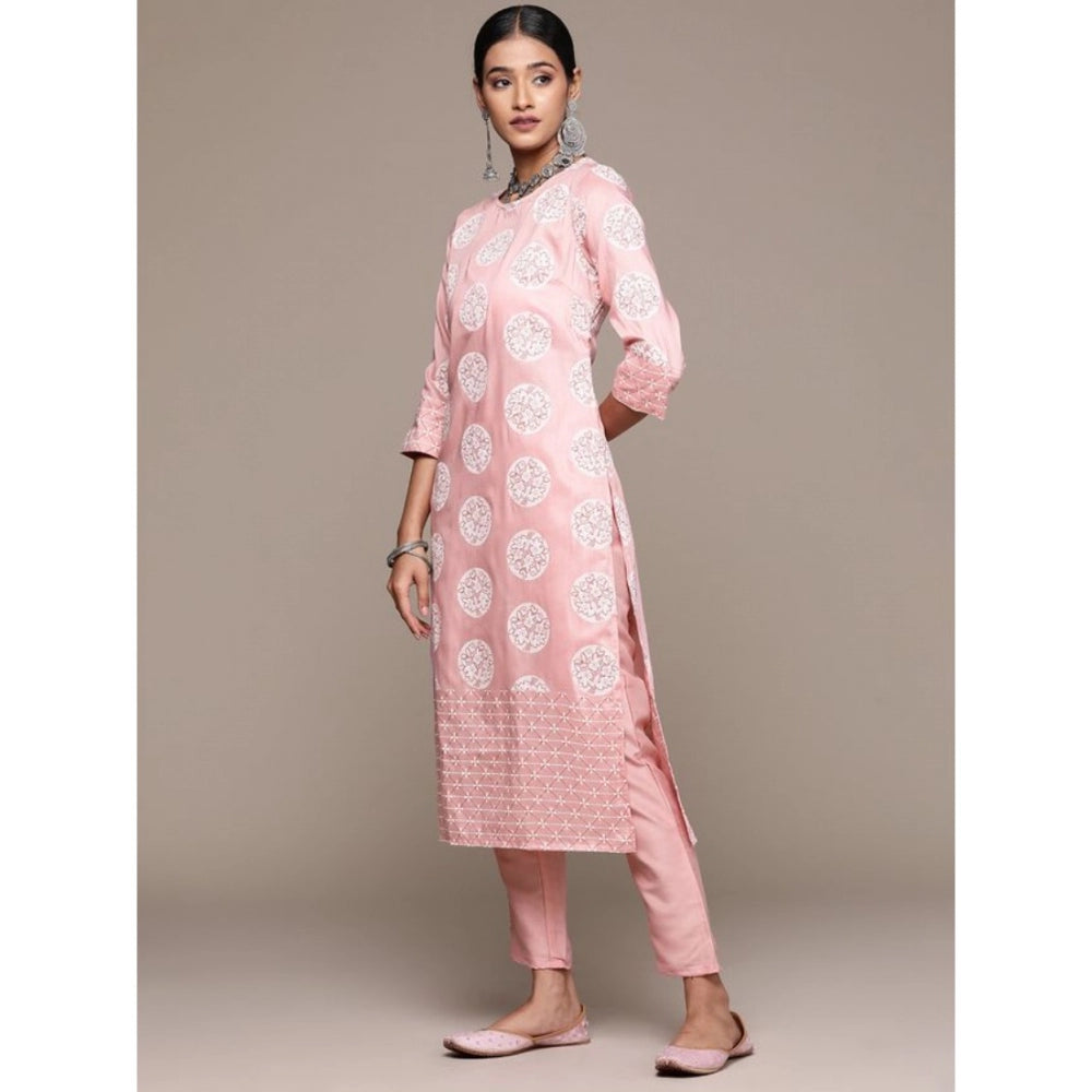 Generic Women's Casual 3-4Th Sleeve Floral Printed Chinon Kurti and Pant Set (Peach) - Noble Nook