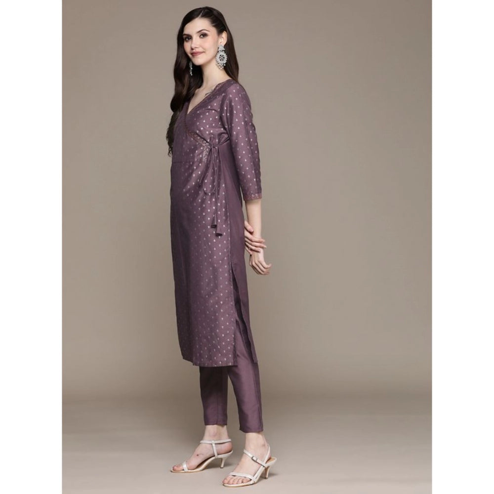 Generic Women's Casual 3-4Th Sleeve Small Butti Chinon Kurti And Pant Set (Purple) - Noble Nook