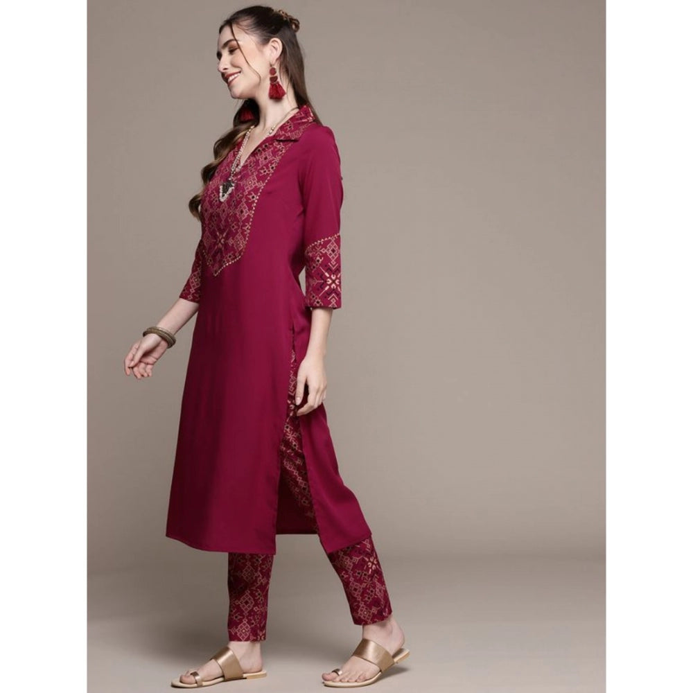 Generic Women's Casual 3-4Th Sleeve Geometric Crepe Kurti and Pant Set (Maroon) - Noble Nook