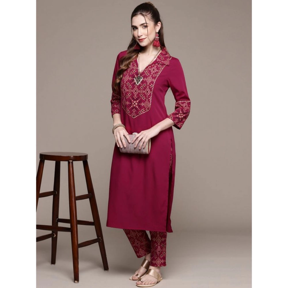 Generic Women's Casual 3-4Th Sleeve Geometric Crepe Kurti and Pant Set (Maroon) - Noble Nook