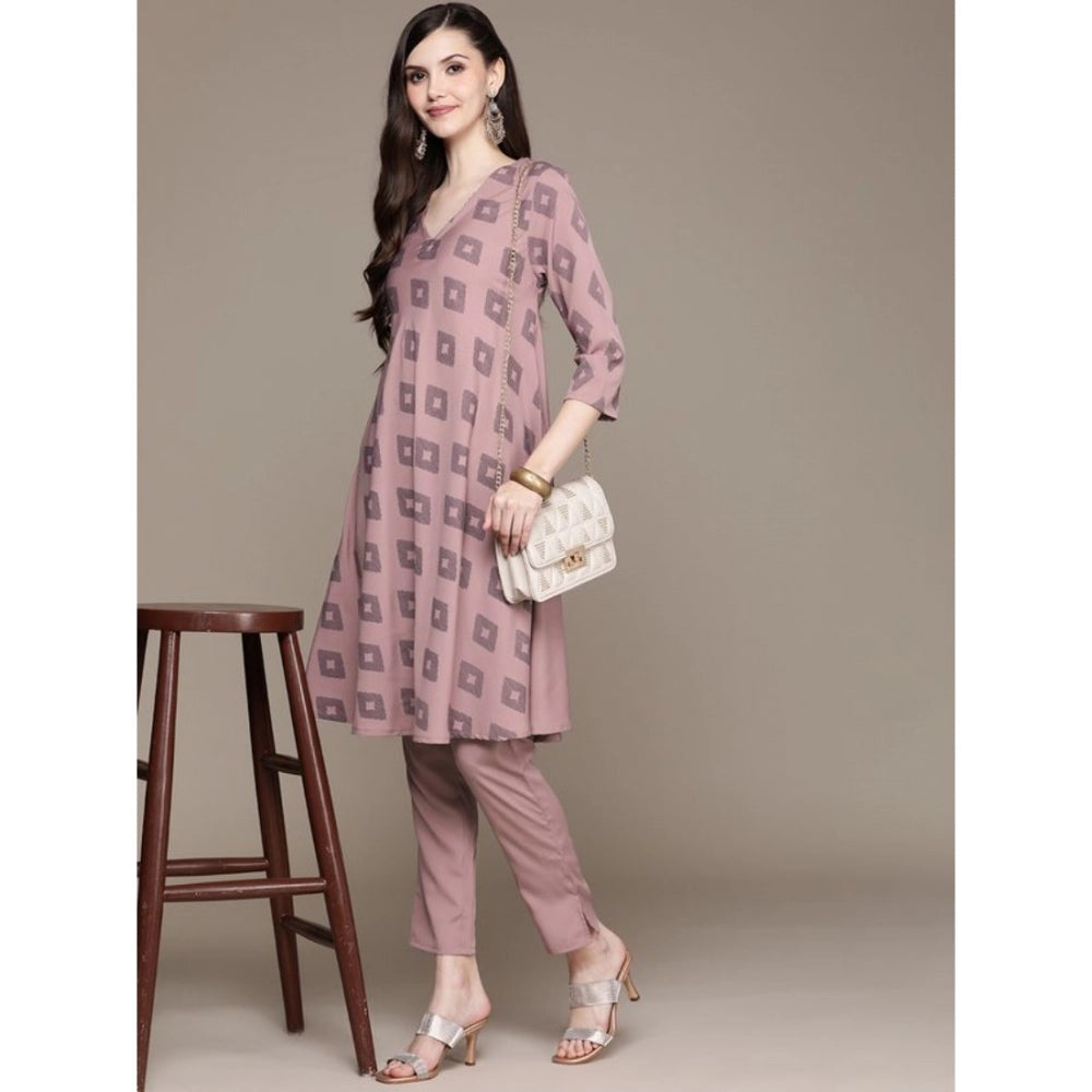 Generic Women's Casual 3-4Th Sleeve Ikkat Crepe Kurti And Pant Set (Brown) - Noble Nook