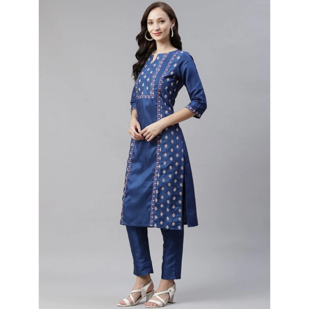 Generic Women's Casual 3-4Th Sleeve Floral Printed Poly Silk Kurti And Pant Set (Blue) - Noble Nook