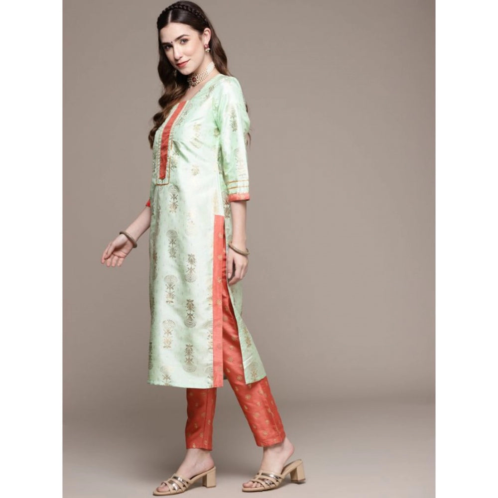 Generic Women's Casual 3-4Th Sleeve Floral Printed Poly Silk Kurti And Pant Set (Pista Green) - Noble Nook