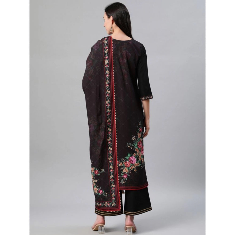 Generic Women's Casual 3-4Th Sleeve Floral Printed Crepe KurtiPalazzo And Dupatta Set (Black) - Noble Nook