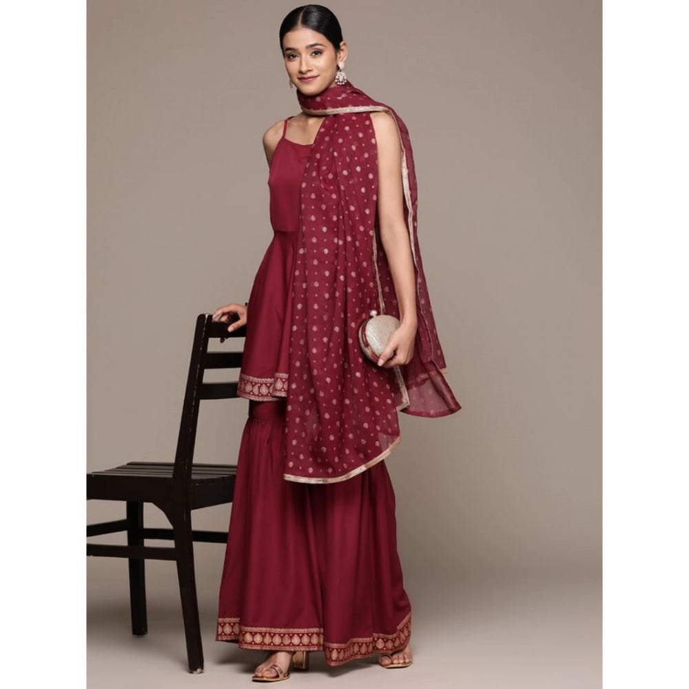 Generic Women's Casual Sleeveless Ethnic Motifs Crepe Kurti Sharara And Dupatta Set (Maroon) - Noble Nook