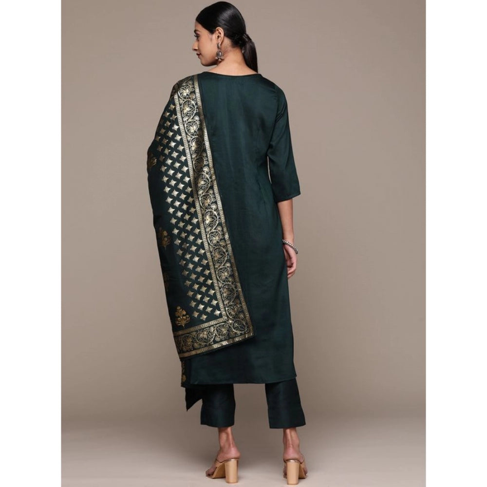 Generic Women's Casual 3-4Th Sleeve Ethnic Motifs Chinon Kurti Pant And Dupatta Set (Bottle Green) - Noble Nook