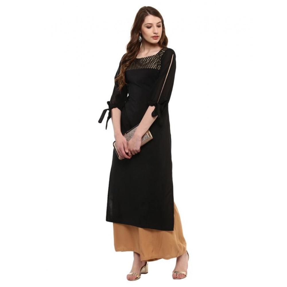 Generic Women's Casual 3-4Th Sleeve Solid Crepe Kurti (Black) - Noble Nook