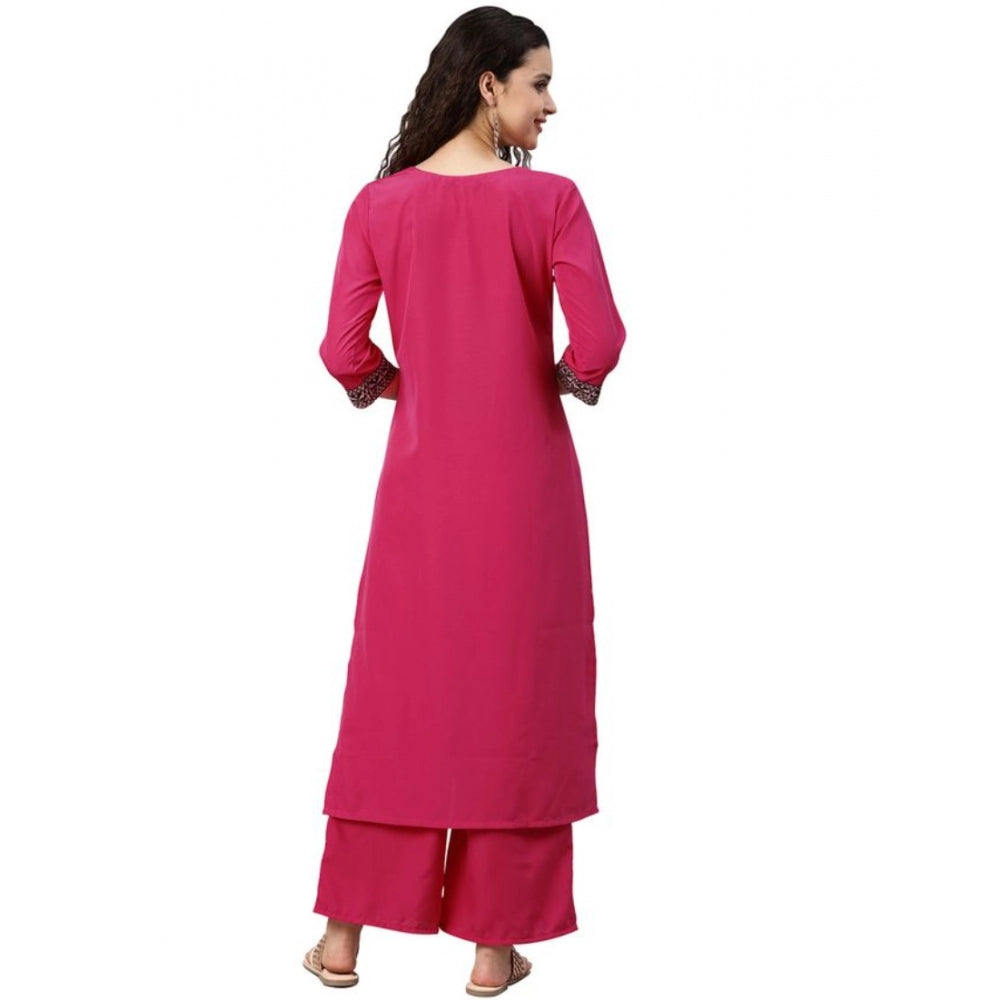 Generic Women's Casual 3-4Th Sleeve Solid Crepe Kurti And Palazzo Set (Pink) - Noble Nook