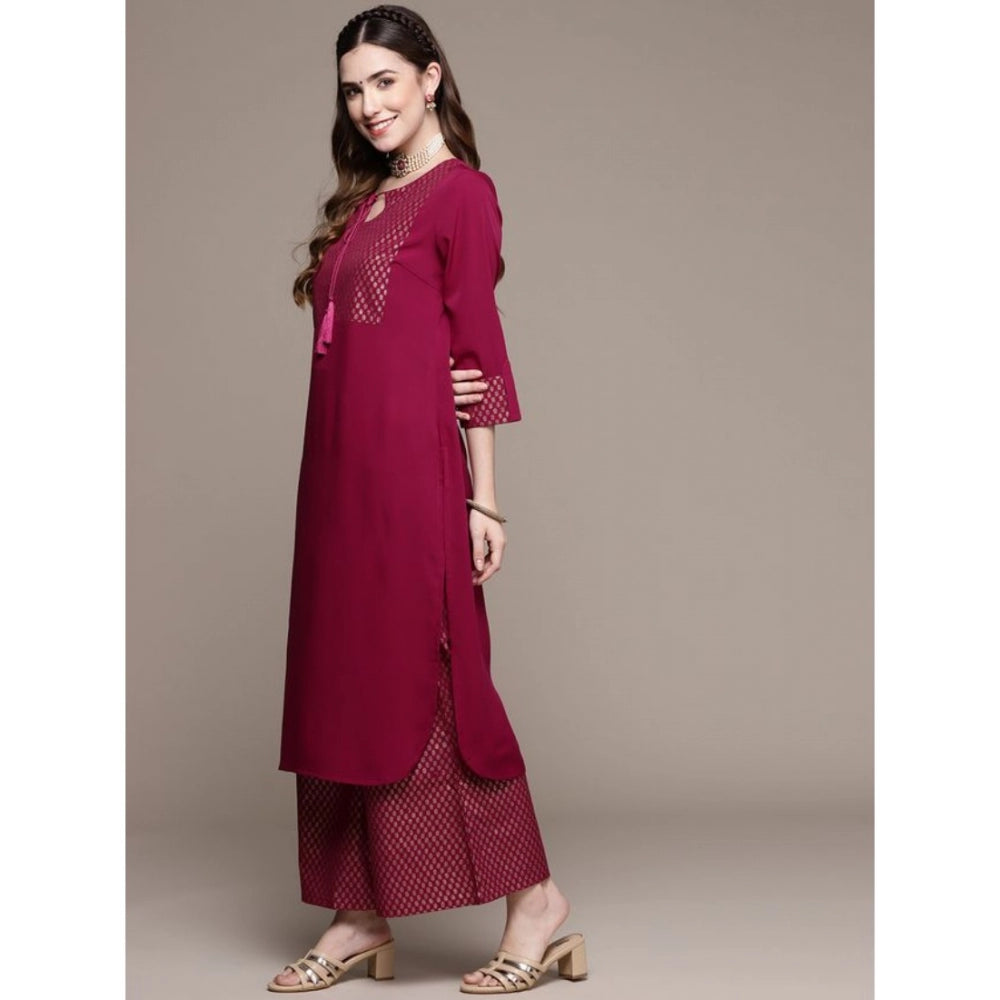 Generic Women's Casual Full Sleeve Ethnic Motifs Crepe Kurti and Palazzo Set (Dark Pink) - Noble Nook