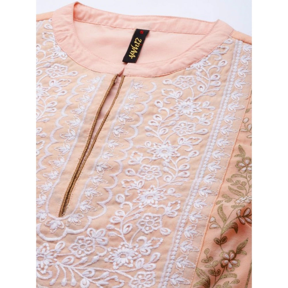 Generic Women's Casual 3-4Th Sleeve Floral Printed Chanderi Cotton Kurti And Palazzo Set (Peach) - Noble Nook