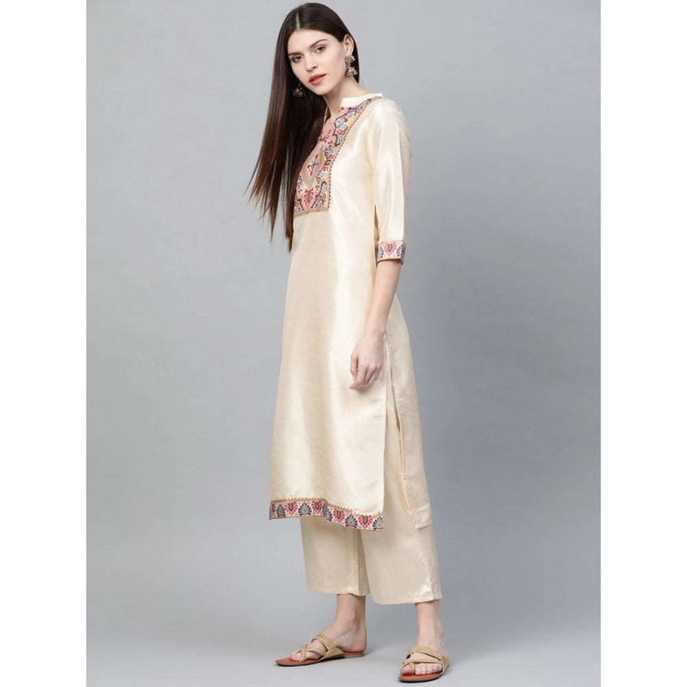 Generic Women's Casual 3-4Th Sleeve Ethnic Motifs Poly Silk Kurti and Palazzo Set (Cream) - Noble Nook