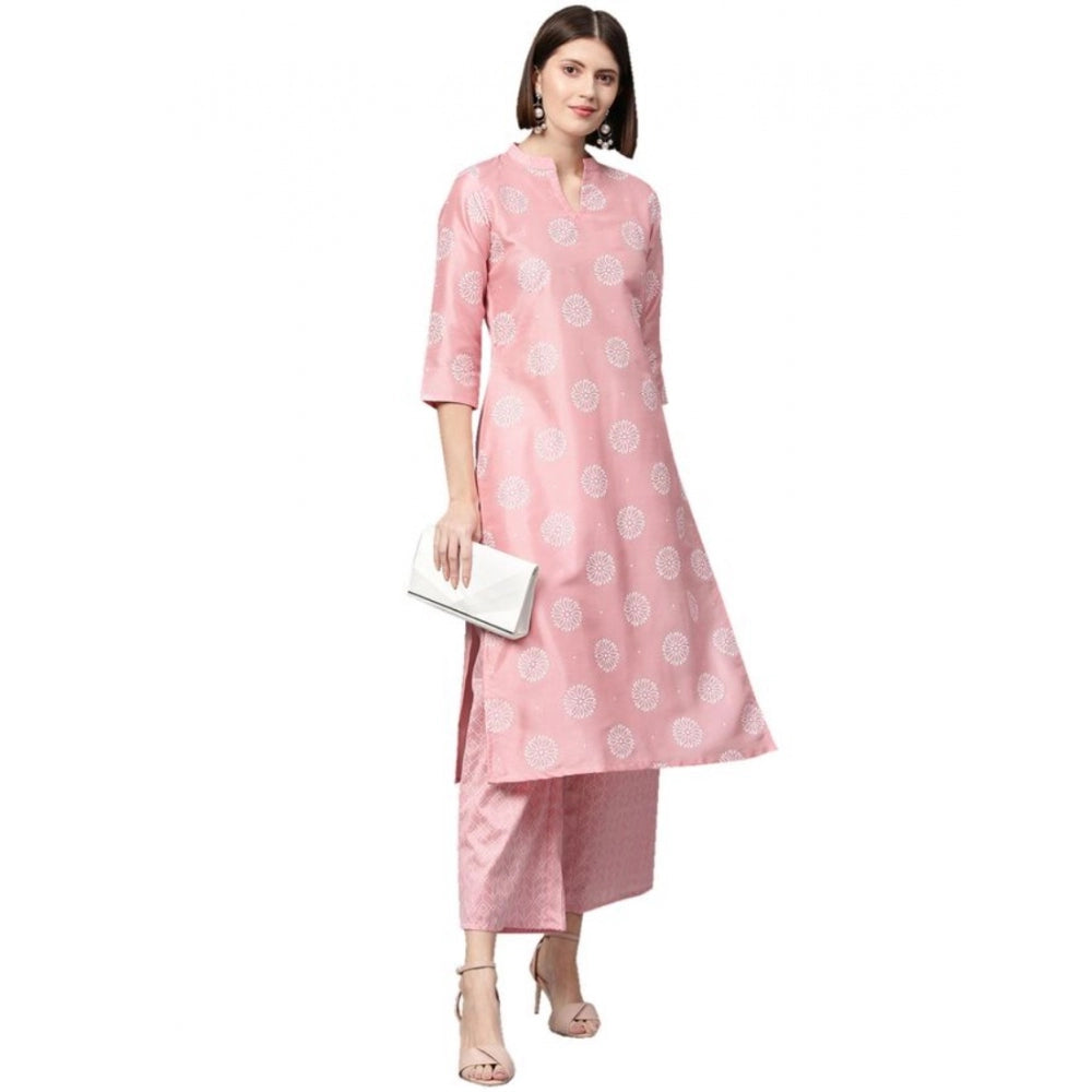 Generic Women's Casual 3-4Th Sleeve Floral Printed Poly Silk Kurti And Palazzo Set (Pink) - Noble Nook