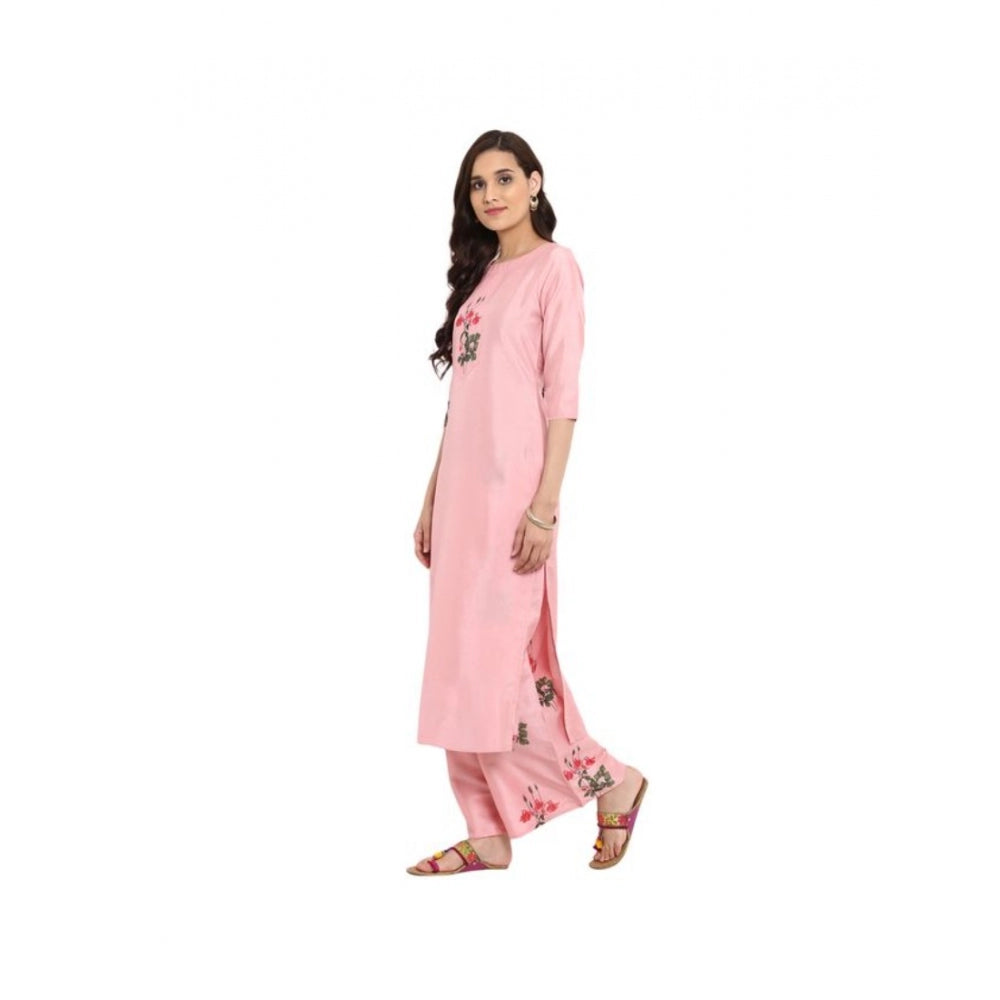 Generic Women's Casual 3-4Th Sleeve Floral Printed Poly Silk Kurti and Palazzo Set (Pink) - Noble Nook