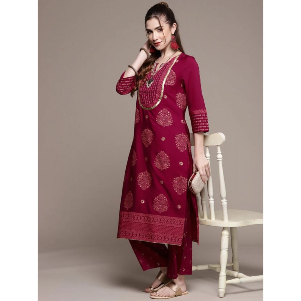 Generic Women's Casual 3-4Th Sleeve Floral /Ethnic Motifs Crepe Kurti And Palazzo Set (Dark Pink) - Noble Nook