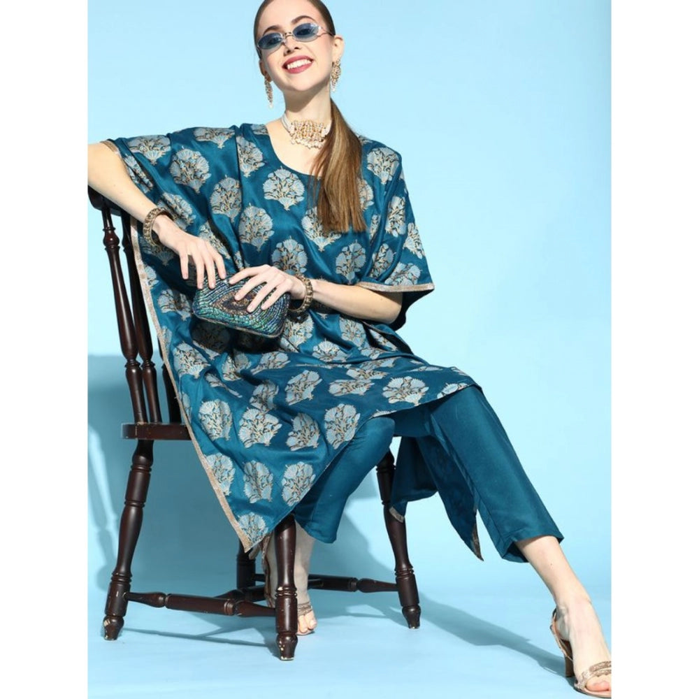 Generic Women's Casual 3-4Th Sleeve Floral Printed Chinon Kurti And Pant Set (Teal) - Noble Nook