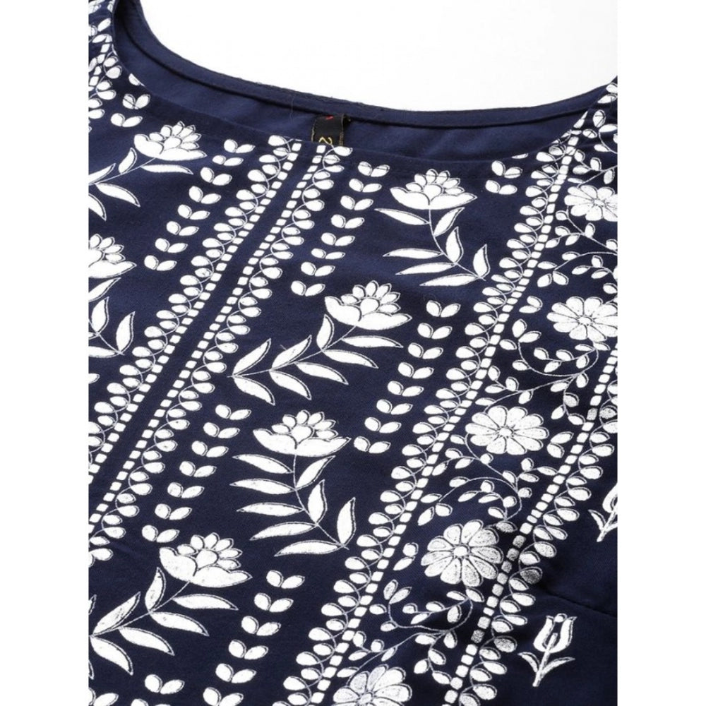 Generic Women's Casual 3-4Th Sleeve Floral Printed Rayon Kurti and Palazzo Set (Navy Blue) - Noble Nook