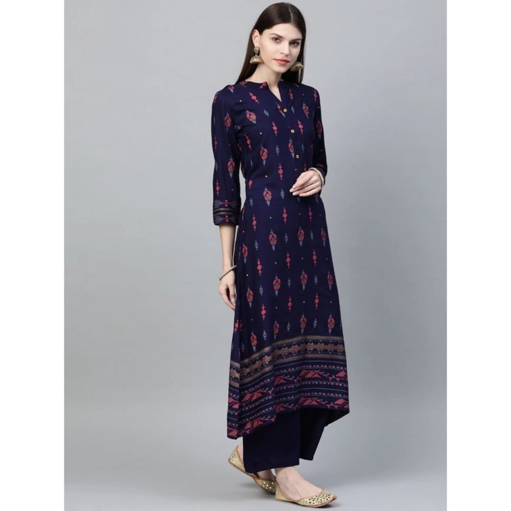 Generic Women's Casual 3-4Th Sleeve Ikkat Rayon Kurti and Palazzo Set (Navy Blue) - Noble Nook