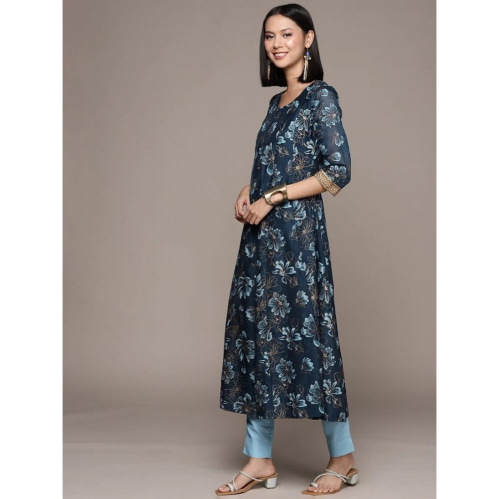 Generic Women's Casual 3-4Th Sleeve Floral Printed Chanderi Cotton Kurti And Pant Set (Navy Blue) - Noble Nook