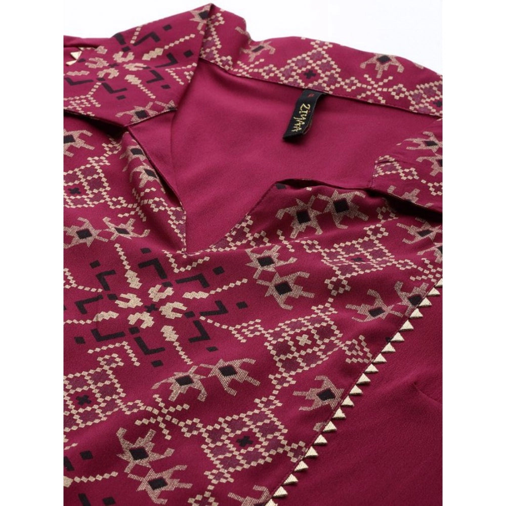 Generic Women's Casual 3-4Th Sleeve Geometric Crepe Kurti and Pant Set (Maroon) - Noble Nook