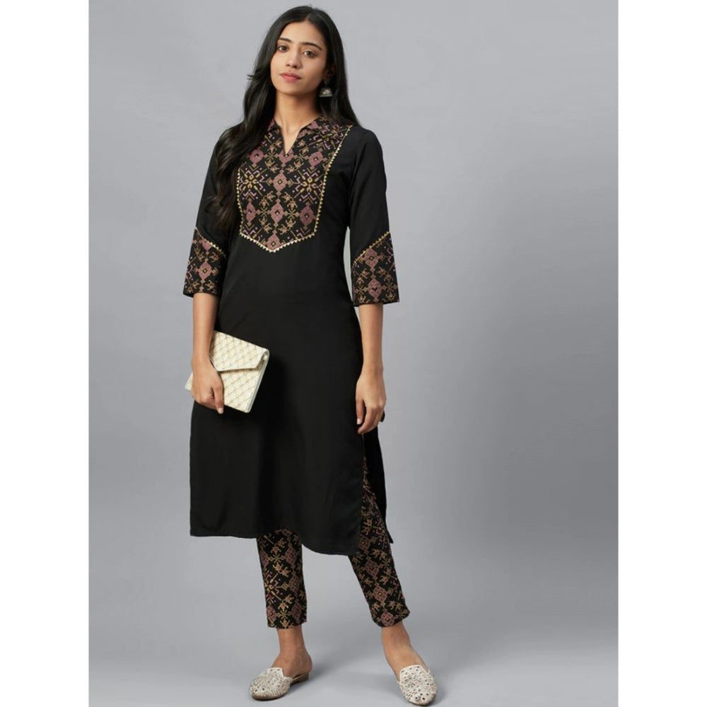 Generic Women's Casual 3-4Th Sleeve Geometric Crepe Kurti and Pant Set (Black) - Noble Nook