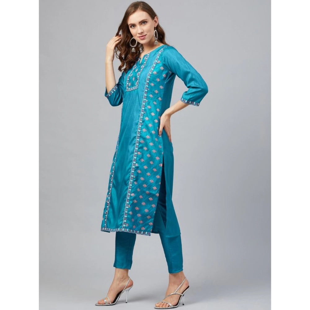 Generic Women's Casual 3-4Th Sleeve Floral Printed Poly Silk Kurti and Pant Set (Blue) - Noble Nook