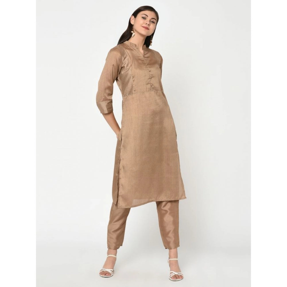 Generic Women's Casual 3-4Th Sleeve Solid Poly Silk Kurti and Pant Set (Brown) - Noble Nook