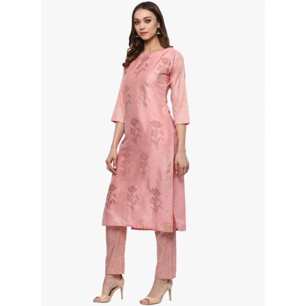 Generic Women's Casual 3-4Th Sleeve Floral Printed Poly Silk Kurti and Pant Set (Pink) - Noble Nook