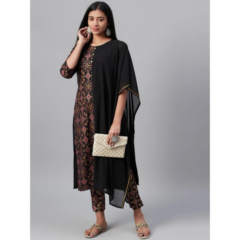 Generic Women's Casual Half Sleeve Ethnic Motifs Georgette &amp; Crepe Kurti and Pant Set (Black) - Noble Nook