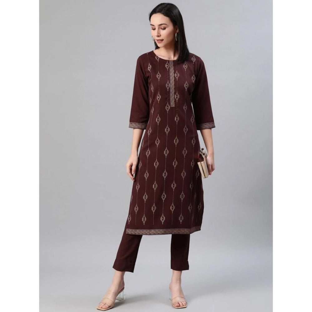 Generic Women's Casual 3-4Th Sleeve Ethnic Motifs Rayon Kurti And Pant Set (Brown) - Noble Nook