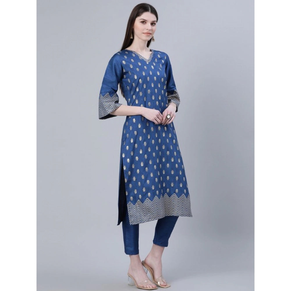 Generic Women's Casual 3-4Th Sleeve Floral Printed Poly Silk Kurti And Pant Set (Blue) - Noble Nook