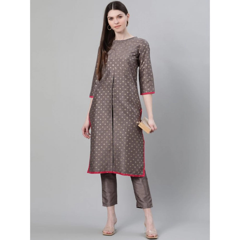 Generic Women's Casual 3-4Th Sleeve Ethnic Motifs Poly Silk Kurti And Pant Set (Grey) - Noble Nook