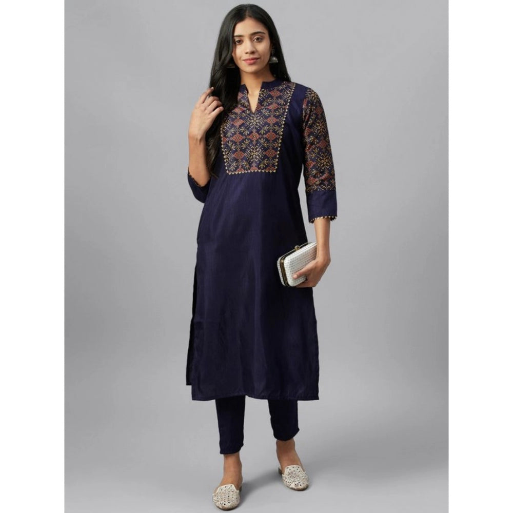 Generic Women's Casual 3-4Th Sleeve Ethnic Motifs Poly Silk Kurti and Pant Set (Blue) - Noble Nook