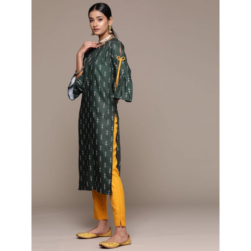 Generic Women's Casual 3-4Th Sleeve Ethnic Motifs Rayon Kurti And Pant Set (Bottle Green) - Noble Nook