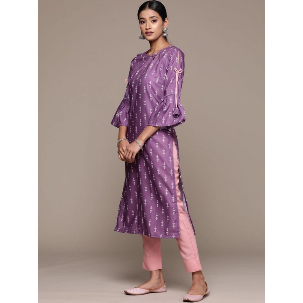 Generic Women's Casual 3-4Th Sleeve Ethnic Motifs Rayon Kurti And Pant Set (Lavender) - Noble Nook