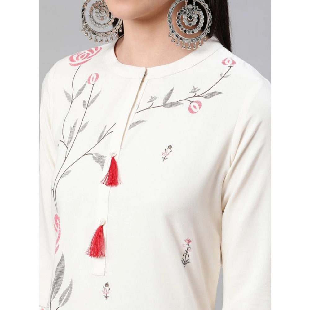 Generic Women's Casual 3-4Th Sleeve Floral Printed Rayon Kurti And Pant Set (Cream) - Noble Nook