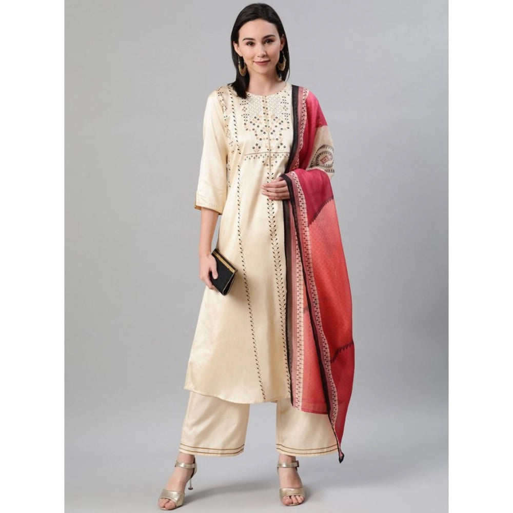 Generic Women's Casual 3-4Th Sleeve Ethnic Motifs Poly Silk KurtiPalazzo And Dupatta Set (Cream) - Noble Nook