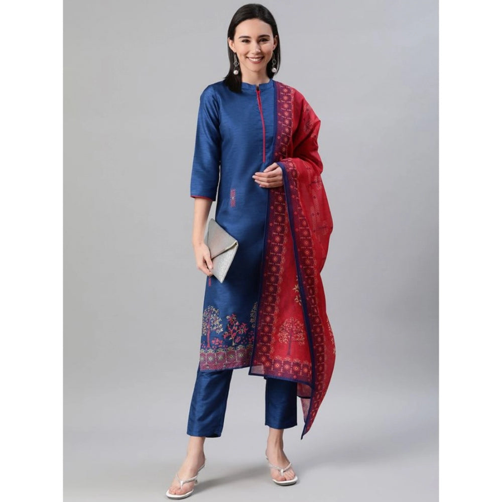 Generic Women's Casual 3-4Th Sleeve Floral Printed Poly Silk Kurti Pant And Dupatta Set (Blue) - Noble Nook